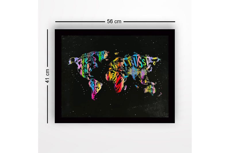 Inramad Canvastavla i trä - 41x56 cm - Färgglad världskarta skapad av bokstäver och text - Lila / Grön / Röd - Inredning - Tavlor & konst