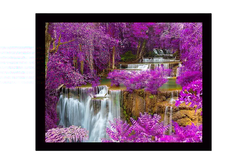 Inramad Canvastavla i trä - 41x56 cm - Färgglad vattenfall omgiven av lila blommor och grönska - Lila / Grön / Blå - Inredning - Tavlor & konst