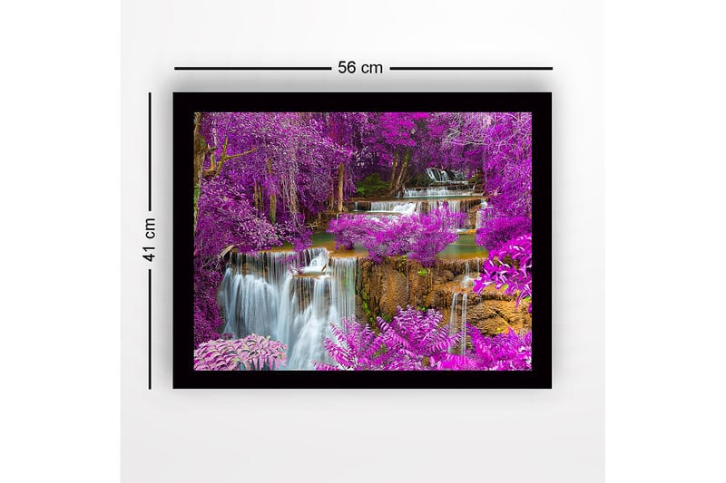 Inramad Canvastavla i trä - 41x56 cm - Färgglad vattenfall omgiven av lila blommor och grönska - Lila / Grön / Blå - Inredning - Tavlor & konst