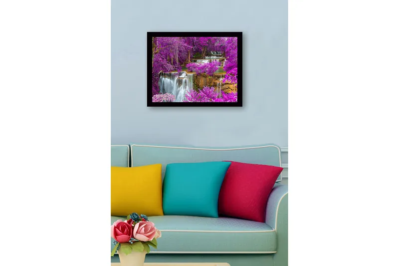 Inramad Canvastavla i trä - 41x56 cm - Färgglad vattenfall omgiven av lila blommor och grönska - Lila / Grön / Blå - Inredning - Tavlor & konst