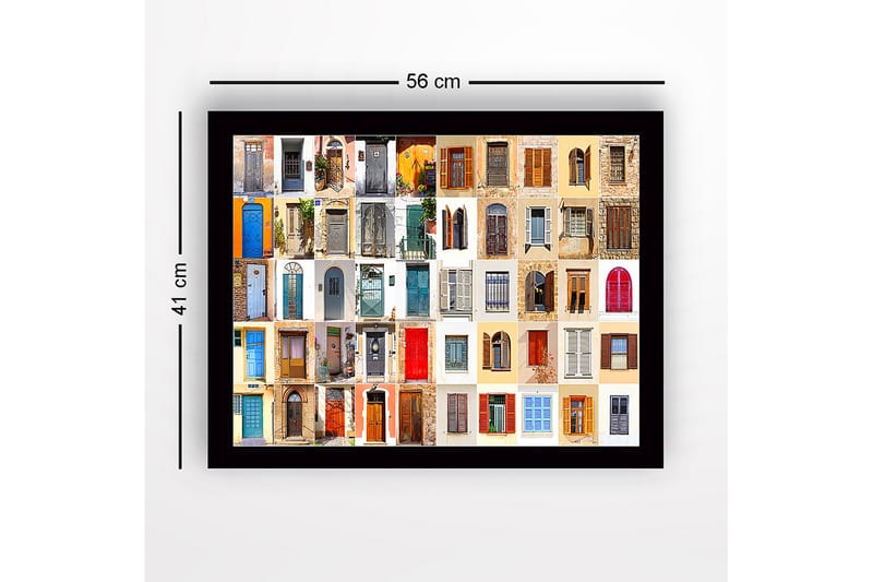 Inramad Canvastavla i trä - 41x56 cm - Färgglada dörrar och fönster i en mosaik av olika stilar - Blå / Röd / Beige - Inredning - Tavlor & konst