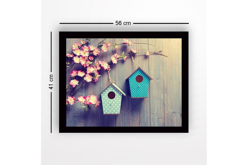 Inramad Canvastavla i trä - 41x56 cm - Färgglada fågelholkar hängande bland blommor - Rosa / Turkos - Inredning - Tavlor & konst