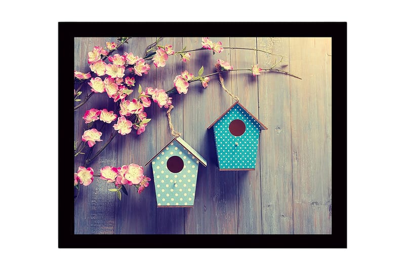 Inramad Canvastavla i trä - 41x56 cm - Färgglada fågelholkar hängande bland blommor, Rosa / Turkos