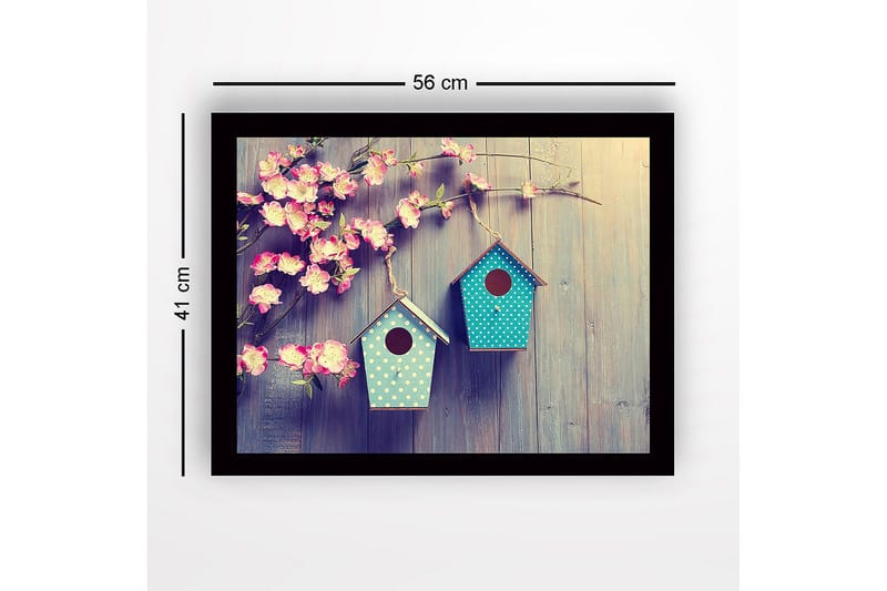 Inramad Canvastavla i trä - 41x56 cm - Färgglada fågelholkar hängande bland blommor - Rosa / Turkos - Inredning - Tavlor & konst