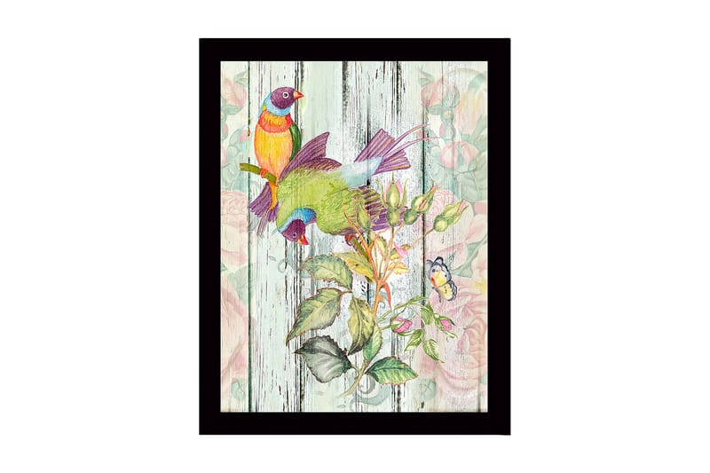 Inramad Canvastavla i trä - 41x56 cm - Färgglada fåglar i en botanisk komposition, Grön / Gul / Lila