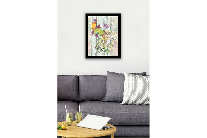 Inramad Canvastavla i trä - 41x56 cm - Färgglada fåglar i en botanisk komposition - Grön / Gul / Lila - Inredning - Tavlor & konst