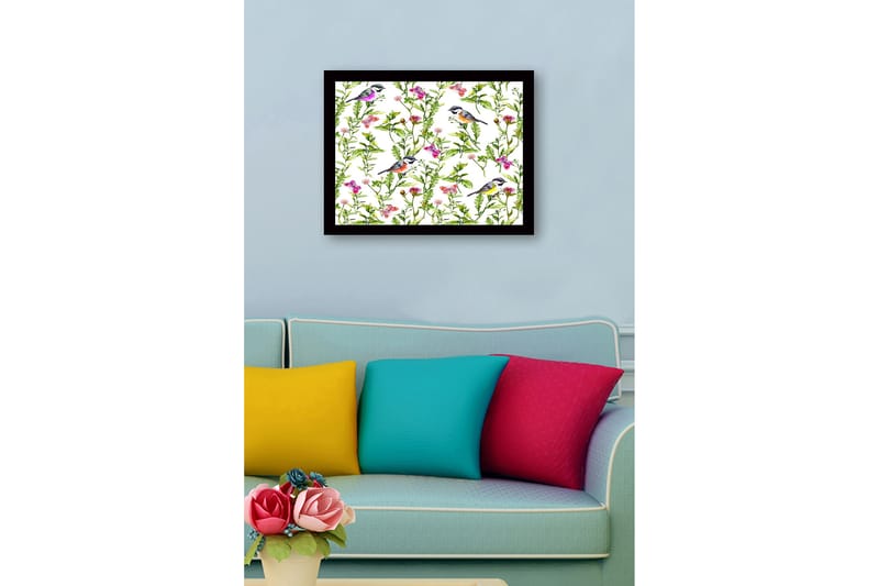 Inramad Canvastavla i trä - 41x56 cm - Färgglada fåglar omgivna av blommor och gröna växter - Grön / Rosa / Gul - Inredning - Tavlor & konst
