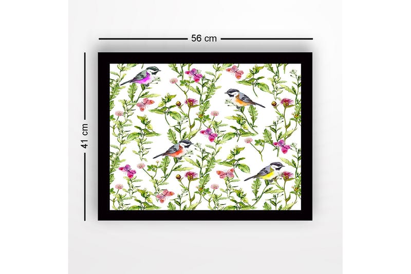 Inramad Canvastavla i trä - 41x56 cm - Färgglada fåglar omgivna av blommor och gröna växter - Grön / Rosa / Gul - Inredning - Tavlor & konst
