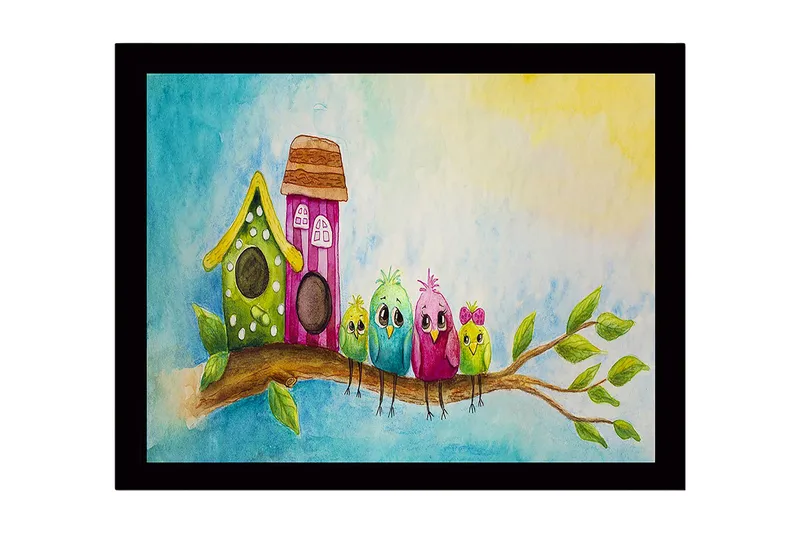 Inramad Canvastavla i trä - 41x56 cm - Färgglada fåglar på en gren med fågelholkar i bakgrunden - Grön / Rosa / Blå - Inredning - Tavlor & konst