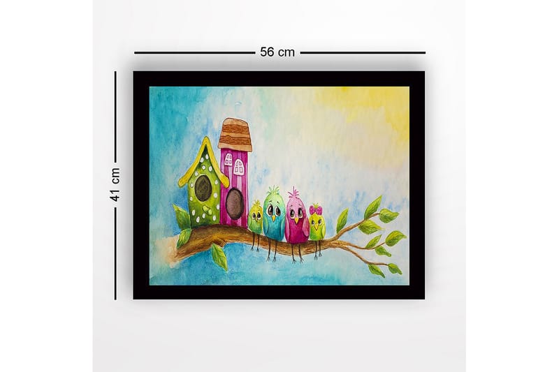 Inramad Canvastavla i trä - 41x56 cm - Färgglada fåglar på en gren med fågelholkar i bakgrunden - Grön / Rosa / Blå - Inredning - Tavlor & konst