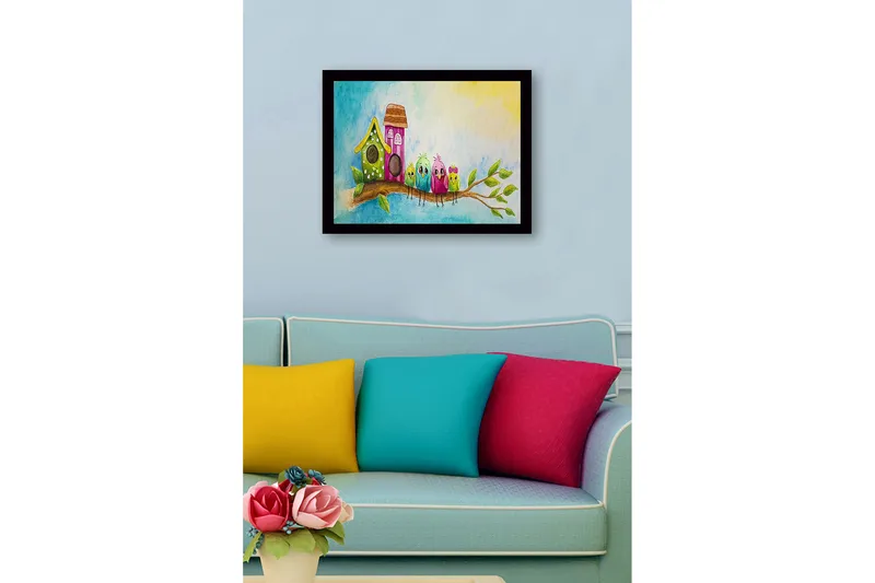 Inramad Canvastavla i trä - 41x56 cm - Färgglada fåglar på en gren med fågelholkar i bakgrunden - Grön / Rosa / Blå - Inredning - Tavlor & konst