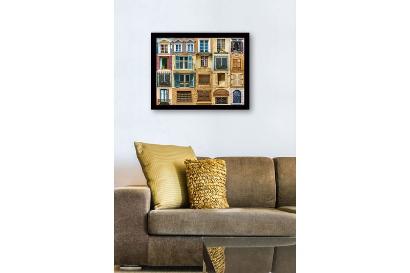 Inramad Canvastavla i trä - 41x56 cm - Färgglada fönster och balkonger i en urban miljö - Blå / Beige / Brun - Inredning - Tavlor & konst
