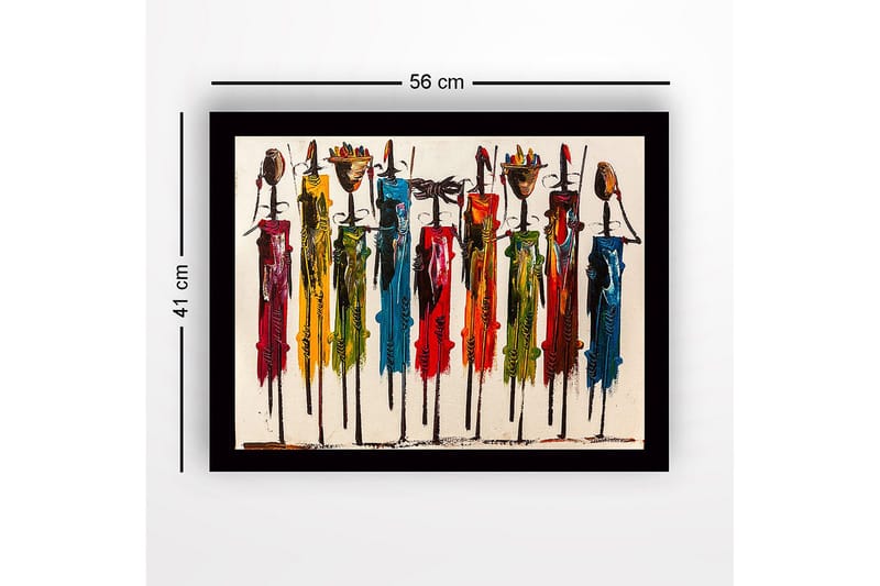 Inramad Canvastavla i trä - 41x56 cm - Färgglada figurer med traditionella inslag och långa stavar - Röd / Grön / Blå - Inredning - Tavlor & konst