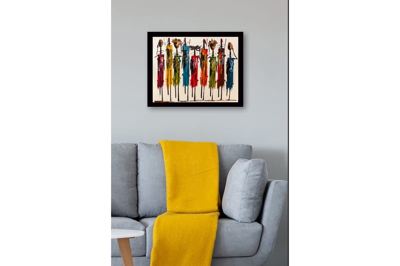 Inramad Canvastavla i trä - 41x56 cm - Färgglada figurer med traditionella inslag och långa stavar - Röd / Grön / Blå - Inredning - Tavlor & konst