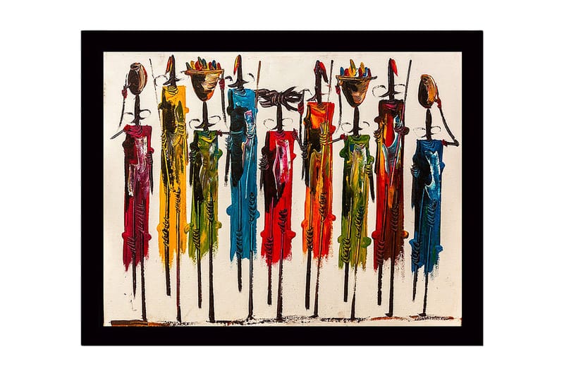 Inramad Canvastavla i trä - 41x56 cm - Färgglada figurer med traditionella inslag och långa stavar - Röd / Grön / Blå - Inredning - Tavlor & konst
