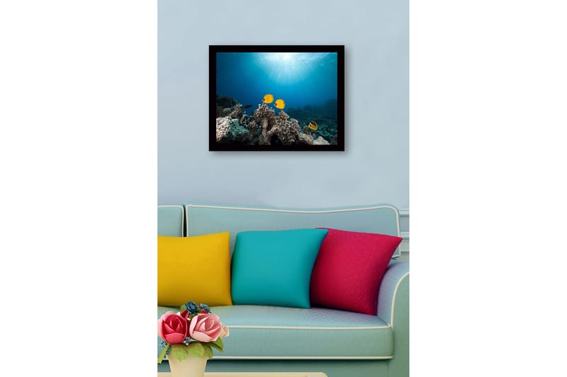 Inramad Canvastavla i trä - 41x56 cm - Färgglada fiskar simmande bland korallrev - Gul / Blå / Grå - Inredning - Tavlor & konst