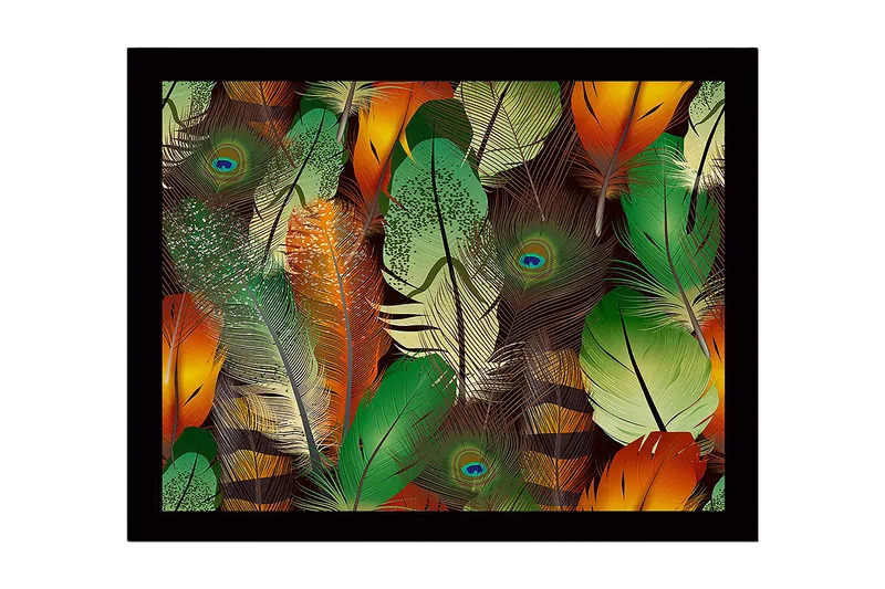 Inramad Canvastavla i trä - 41x56 cm - Färgglada fjädrar i en livlig komposition - Grön / Orange / Gul - Inredning - Tavlor & konst