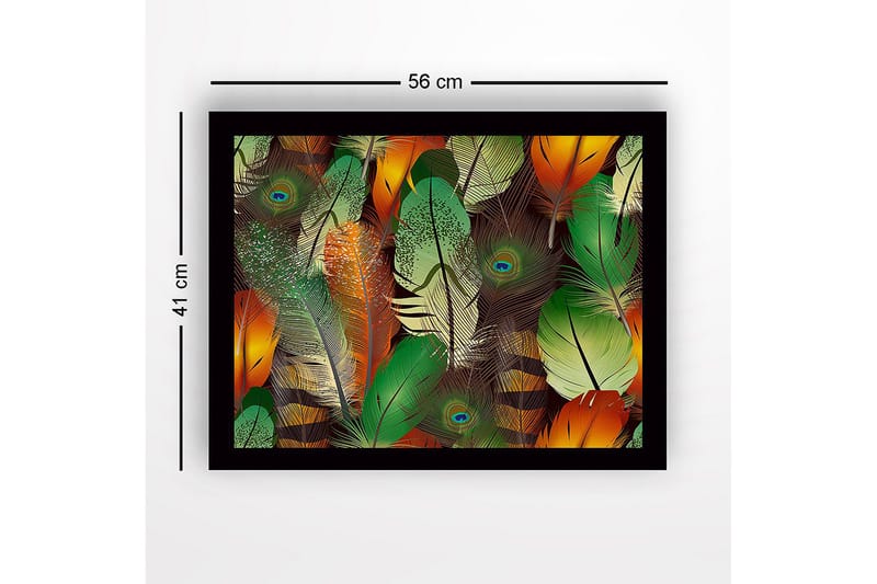 Inramad Canvastavla i trä - 41x56 cm - Färgglada fjädrar i en livlig komposition - Grön / Orange / Gul - Inredning - Tavlor & konst