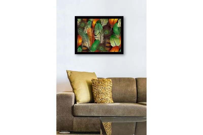 Inramad Canvastavla i trä - 41x56 cm - Färgglada fjädrar i en livlig komposition - Grön / Orange / Gul - Inredning - Tavlor & konst