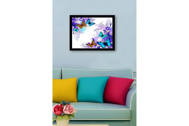 Inramad Canvastavla i trä - 41x56 cm - Färgglada fjärilar i en livlig komposition - Blå / Orange / Lila - Inredning - Tavlor & konst