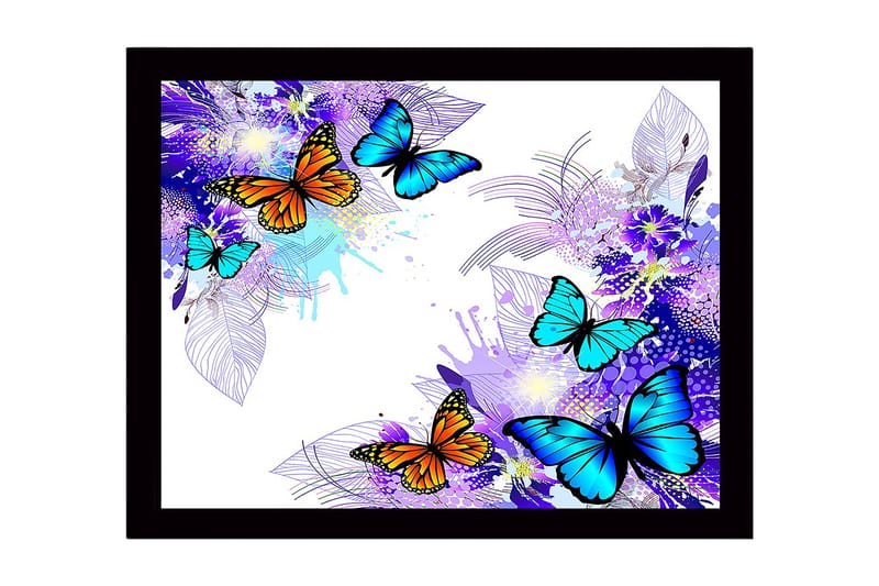 Inramad Canvastavla i trä - 41x56 cm - Färgglada fjärilar i en livlig komposition - Blå / Orange / Lila - Inredning - Tavlor & konst