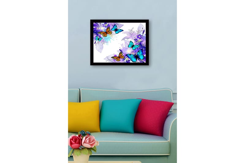 Inramad Canvastavla i trä - 41x56 cm - Färgglada fjärilar i en livlig komposition - Blå / Orange / Lila - Inredning - Tavlor & konst