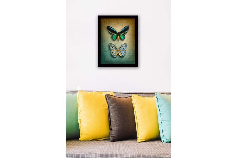 Inramad Canvastavla i trä - 41x56 cm - Färgglada fjärilar på en texturerad bakgrund - Grön / Blå / Beige - Inredning - Tavlor & konst