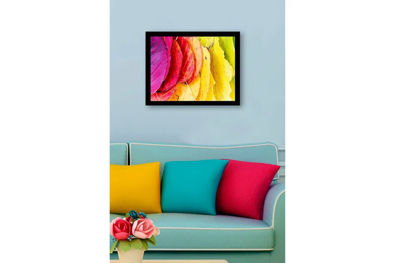 Inramad Canvastavla i trä - 41x56 cm - Färgglada höstlöv i olika nyanser - Rosa / Röd / Gul - Inredning - Tavlor & konst