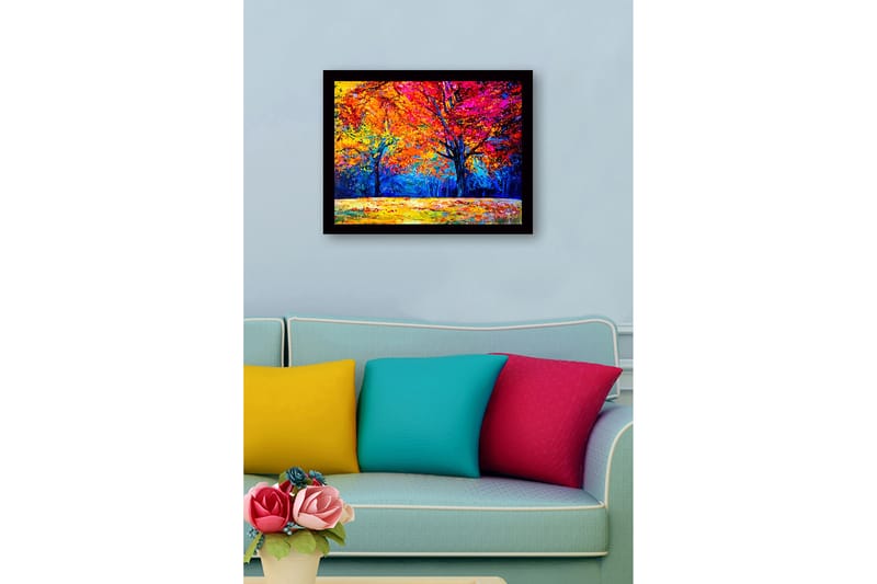 Inramad Canvastavla i trä - 41x56 cm - Färgglada höstträd med ljusa löv i orange och rosa nyanser - Orange / Rosa / Blå - Inredning - Tavlor & konst