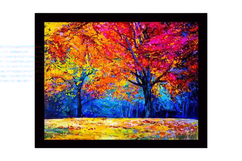 Inramad Canvastavla i trä - 41x56 cm - Färgglada höstträd med ljusa löv i orange och rosa nyanser - Orange / Rosa / Blå - Inredning - Tavlor & konst
