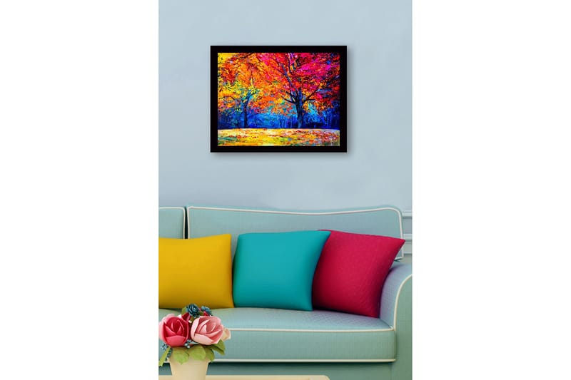 Inramad Canvastavla i trä - 41x56 cm - Färgglada höstträd med ljusa löv i orange och rosa nyanser - Orange / Rosa / Blå - Inredning - Tavlor & konst