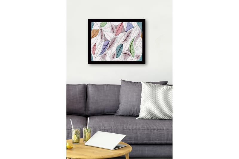 Inramad Canvastavla i trä - 41x56 cm - Färgglada löv i en harmonisk komposition - Grön / Rosa / Blå - Inredning - Tavlor & konst