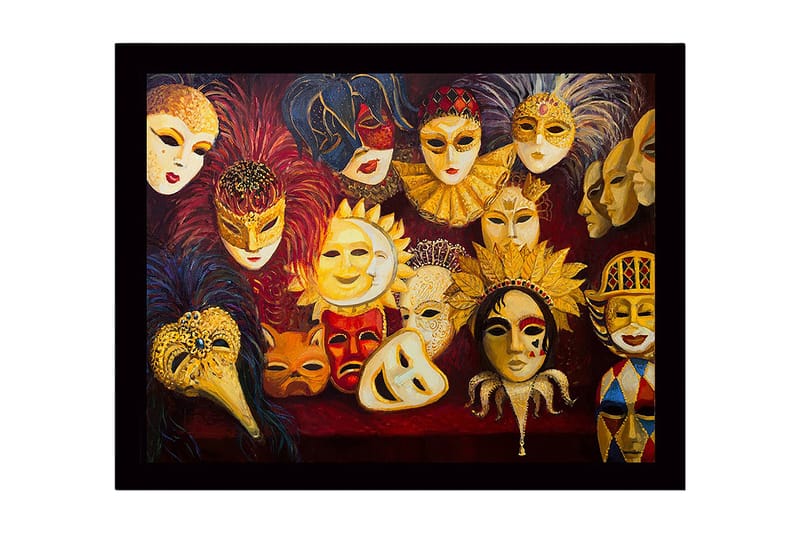 Inramad Canvastavla i trä - 41x56 cm - Färgglada masker med olika uttryck och detaljer, Guld / Röd / Svart