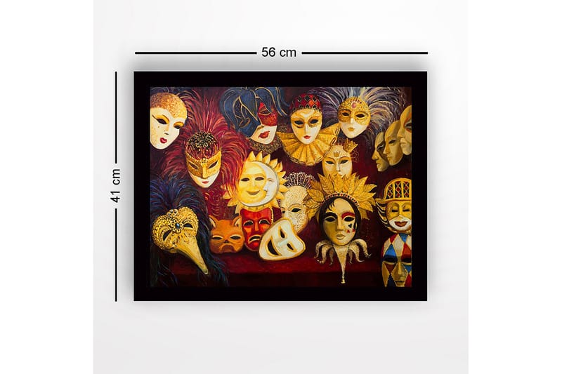 Inramad Canvastavla i trä - 41x56 cm - Färgglada masker med olika uttryck och detaljer - Guld / Röd / Svart - Inredning - Tavlor & konst