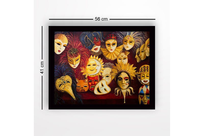 Inramad Canvastavla i trä - 41x56 cm - Färgglada masker med olika uttryck och detaljer - Guld / Röd / Svart - Inredning - Tavlor & konst