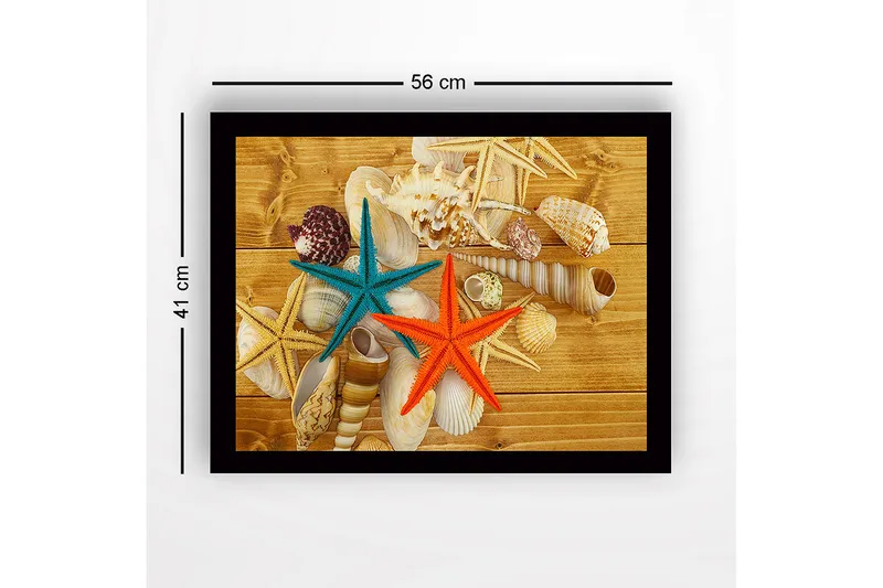 Inramad Canvastavla i trä - 41x56 cm - Färgglada sjöstjärnor på en bakgrund av snäckor och trä - Turkos / Orange / Beige - Inredning - Tavlor & konst