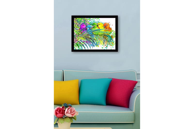 Inramad Canvastavla i trä - 41x56 cm - Färgglada papegojor omgivna av tropiska växter - Grön / Blå / Gul - Inredning - Tavlor & konst