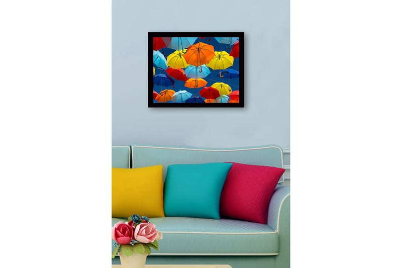 Inramad Canvastavla i trä - 41x56 cm - Färgglada paraplyer som svävar i luften - Blå / Röd / Gul - Inredning - Tavlor & konst