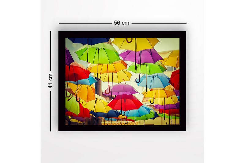 Inramad Canvastavla i trä - 41x56 cm - Färgglada paraplyer som svävar över en stadsmiljö - Gul / Grön / Röd - Inredning - Tavlor & konst