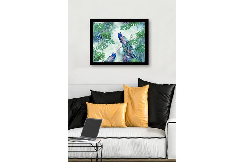Inramad Canvastavla i trä - 41x56 cm - Färgglada påfåglar omgivna av tropiska växter - Grön / Blå / Turkos - Inredning - Tavlor & konst