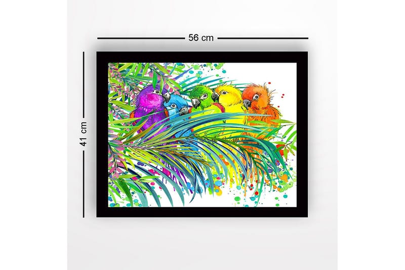 Inramad Canvastavla i trä - 41x56 cm - Färgglada papegojor omgivna av tropiska växter - Grön / Blå / Gul - Inredning - Tavlor & konst
