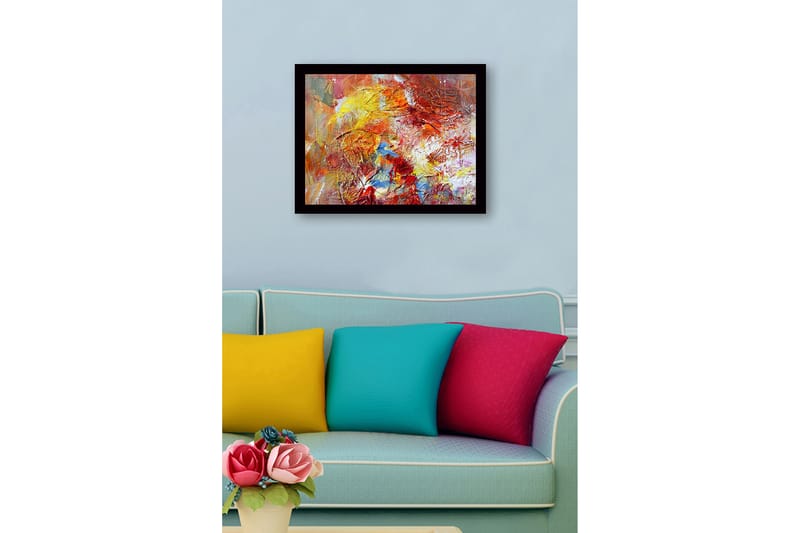Inramad Canvastavla i trä - 41x56 cm - Färgrik abstrakt komposition med dynamiska former - Röd / Gul / Blå - Inredning - Tavlor & konst