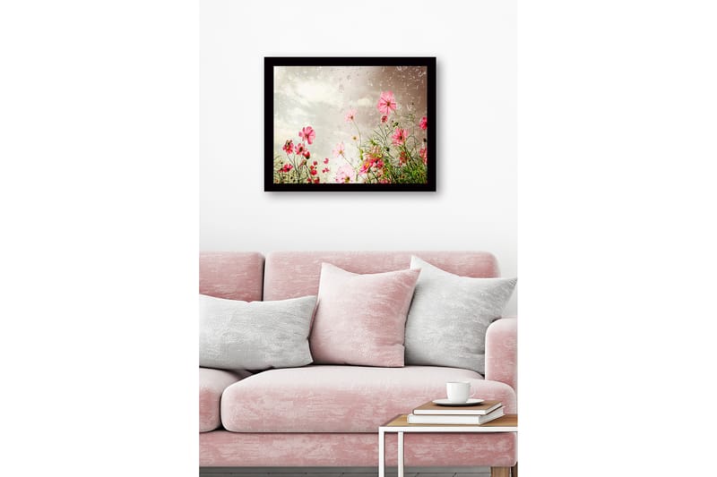 Inramad Canvastavla i trä - 41x56 cm - Färgrik blomsteräng med rosa blommor - Rosa / Grön - Inredning - Tavlor & konst