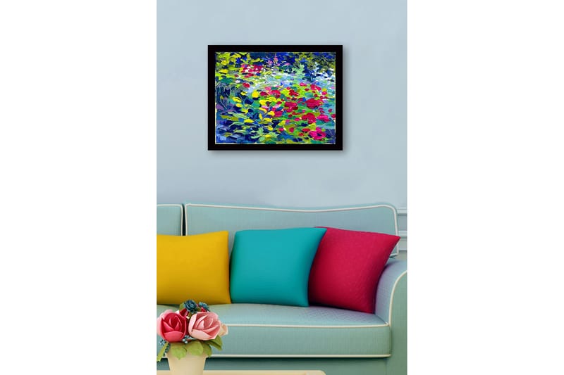 Inramad Canvastavla i trä - 41x56 cm - Färgrik blomsteräng med rosor och gröna blad - Grön / Röd / Blå - Inredning - Tavlor & konst