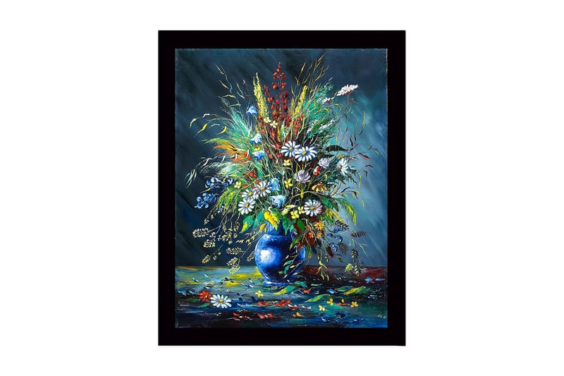 Inramad Canvastavla i trä - 41x56 cm - Färgrik bukett av blommor i en blå vas - Blå / Grön / Vit - Inredning - Tavlor & konst