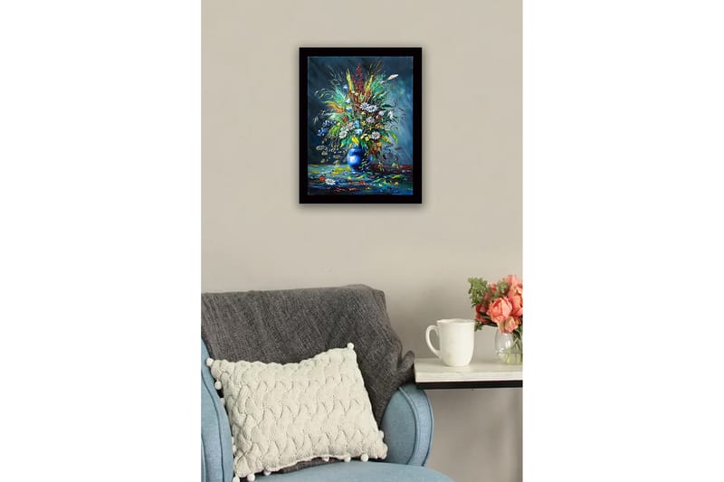 Inramad Canvastavla i trä - 41x56 cm - Färgrik bukett av blommor i en blå vas - Blå / Grön / Vit - Inredning - Tavlor & konst