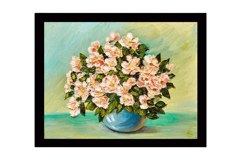 Inramad Canvastavla i trä - 41x56 cm - Färgrik bukett av blommor i en blå vas, Ljusrosa / Grön / Blå