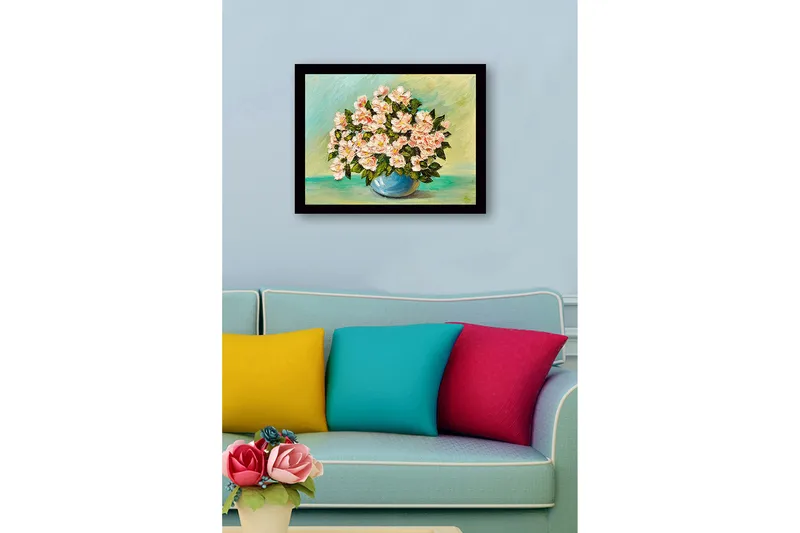 Inramad Canvastavla i trä - 41x56 cm - Färgrik bukett av blommor i en blå vas - Ljusrosa / Grön / Blå - Inredning - Tavlor & konst