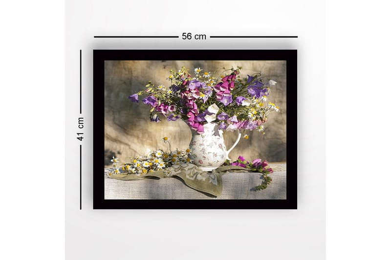 Inramad Canvastavla i trä - 41x56 cm - Färgrik bukett av blommor i en keramikkanna - Lila / Vit / Gul - Inredning - Tavlor & konst