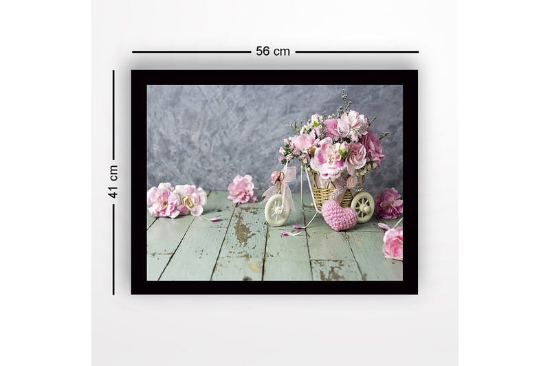 Inramad Canvastavla i trä - 41x56 cm - Färgrik bukett av blommor i en korg på en träyta - Rosa / Grön / Beige - Inredning - Tavlor & konst